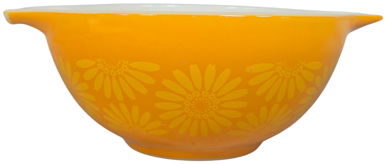 Pyrex Daisy Pattern Orange Cinderella Mixing Bowl 443: This is a Pyrex opal glass Cinderella mixing bowl in the Daisy pattern, produced circa 1968 to 1972. The bowl features a fired-on bright orange exterior finish decorated with large, pale yellow daisy