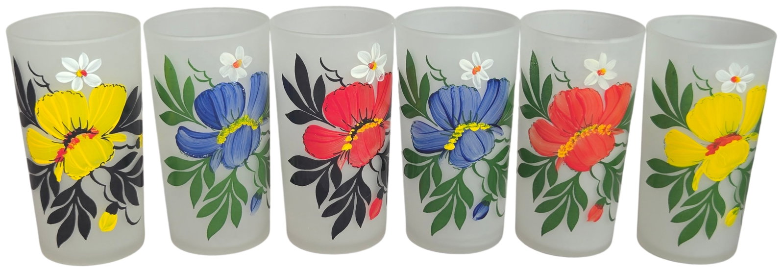 A Set of Six Hazel-Atlas Frosted Glass Floral Tumblers: A set of six vintage frosted glass tumblers manufactured by the Hazel-Atlas Glass Company. These glasses feature a satin finish, often referred to as blasto glass, and are decorated with hand-painted 