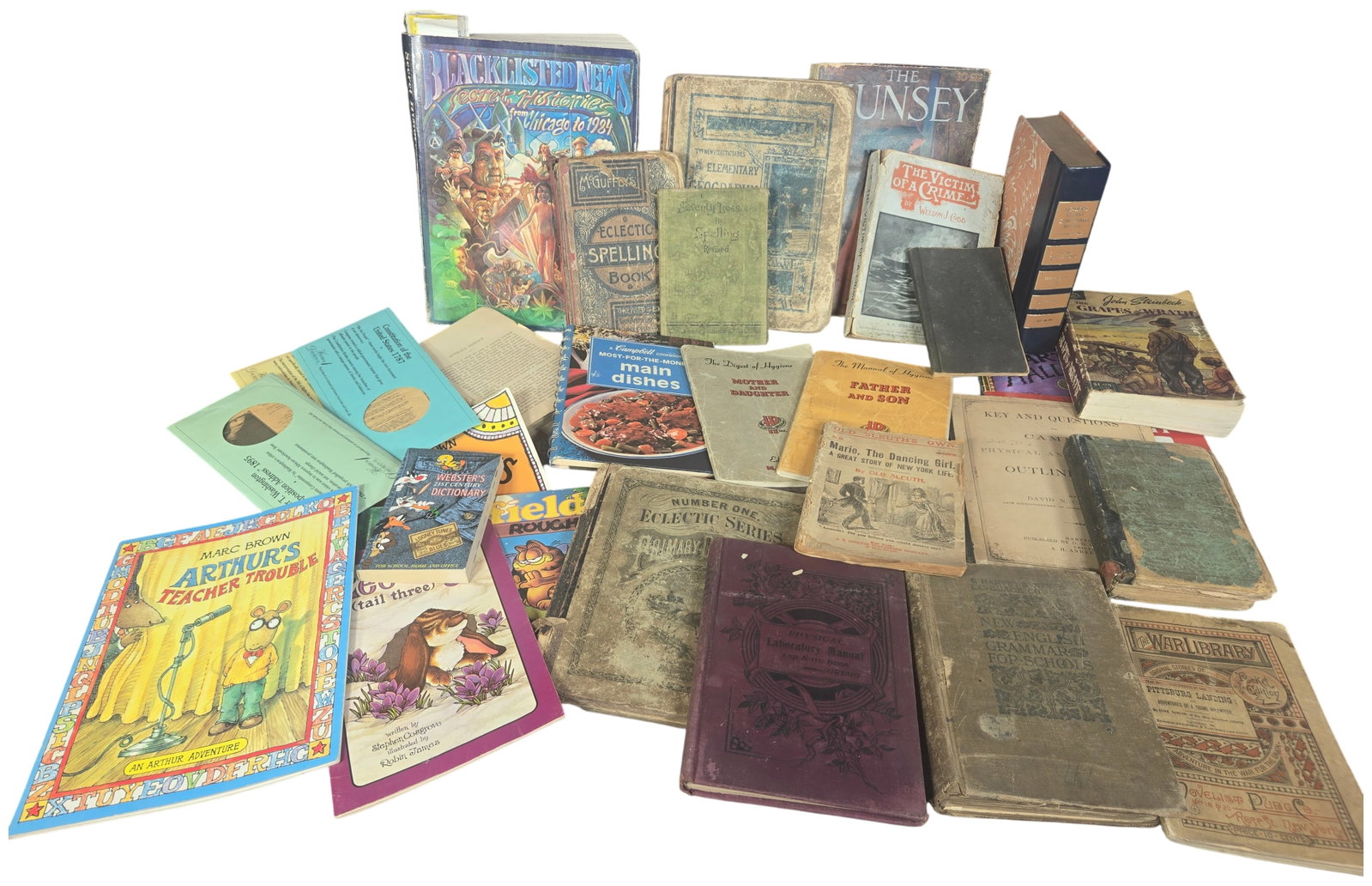 An Assortment of 19th and 20th Century Educational Texts, Pulp Fiction, and Ephemera: A collection of various books, magazines, and manuscript ephemera spanning from the mid-19th century through the late 20th century. The collection features several 19th-century educational volumes fro