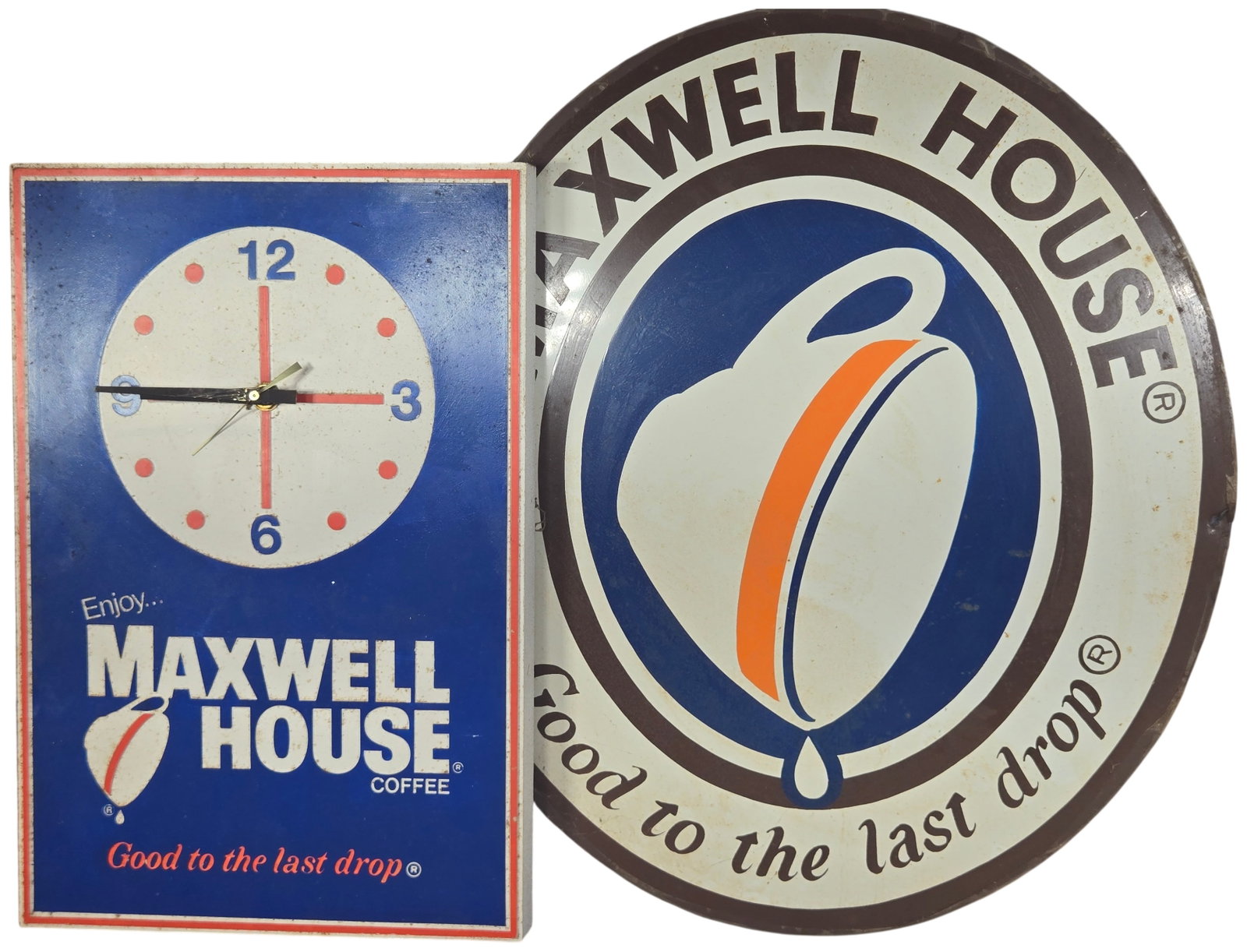Two Maxwell House Coffee Advertising Pieces Including a Wall Clock and Circular Metal Sign (1 of 8)