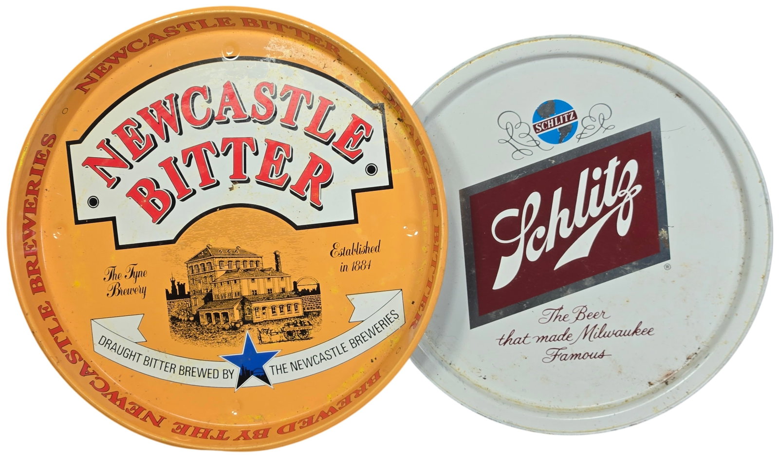 Two Vintage Newcastle Bitter and Schlitz Metal Beer Advertising Trays (1 of 7)