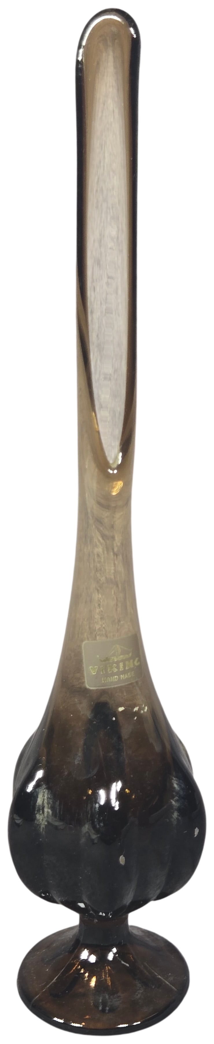 Viking Glass Epic Smoke Six-Petal Swung Pedestal Vase: This hand-blown art glass vase was produced by the Viking Glass Company as part of the Epic line. The piece is executed in transparent smoky brown glass, a colorway historically cataloged by the manuf