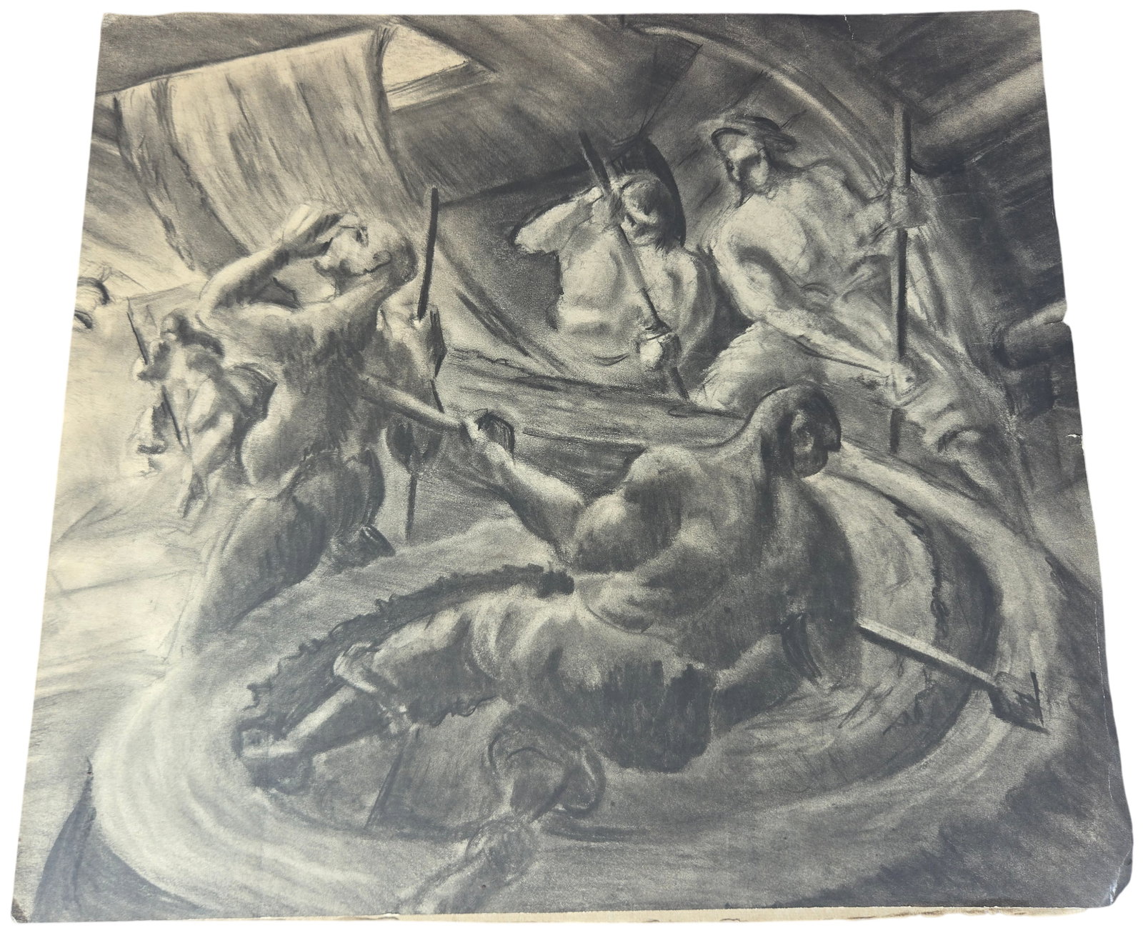 Crossan Hays Curry (American, 20th Century), Figure Composition Sketch, Charcoal: A charcoal composition sketch on toned wove paper by American artist Crossan Hays Curry. The work features a dynamic arrangement of muscular male figures, possibly oarsmen or laborers, positioned in a