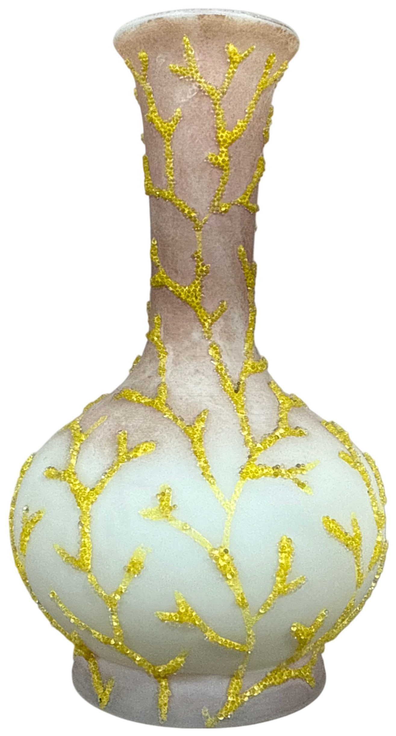 Mt. Washington Peachblow Coralene Satin Art Glass Vase: This Victorian art glass vase is an example of Mt. Washington Peachblow Coralene. The vessel features a bulbous ovoid body tapering into a tall, slender cylindrical neck with a flared, circular rim. I
