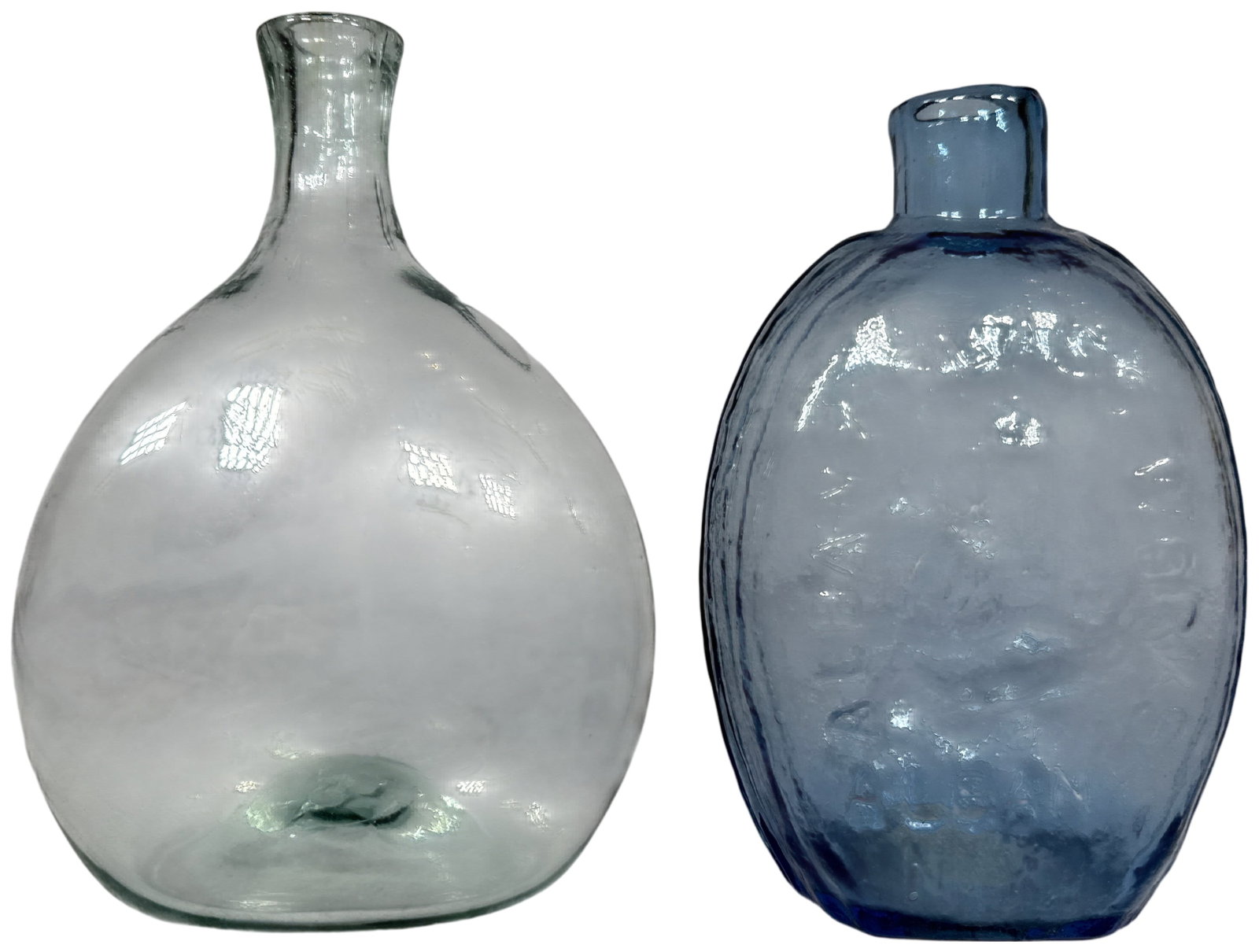 Two Early American Glass Bottles Including a Sapphire Blue Albany Glass Works Historical Flask: This lot features two early American glass bottles, including a free-blown globular vessel and a mold-blown historical flask. The first item is a hand-blown globular utility bottle composed of soda-li