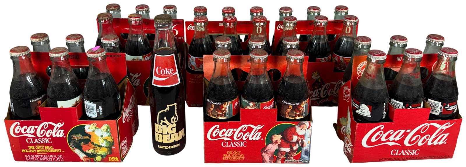 A Collection of Vintage Coca-Cola Holiday Santa Pack Commemorative Bottle Sets and Big Bear (1 of 20)