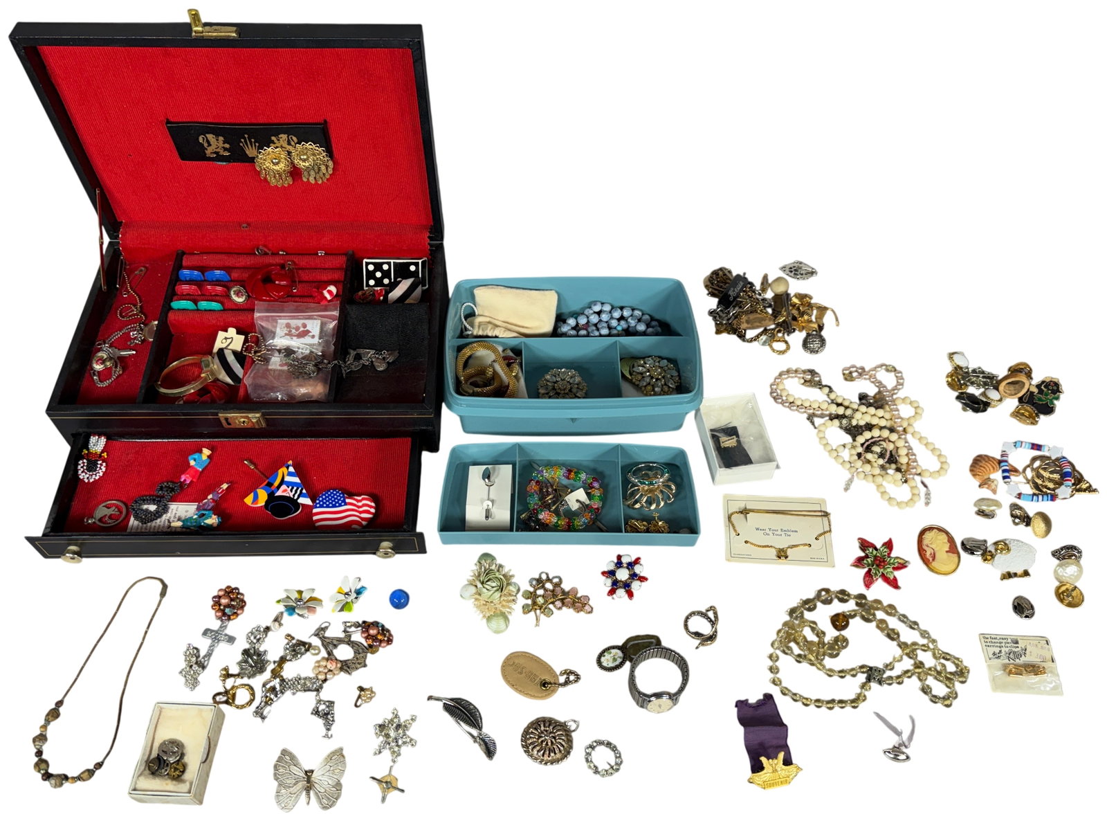 An Assortment of Vintage and Contemporary Costume Jewelry with a Two-Tier Jewelry Box and Organizers: An extensive collection of costume jewelry and accessories from the mid-to-late 20th century, housed in a two-tier black faux-leather jewelry box and two plastic organizers. The jewelry box features a