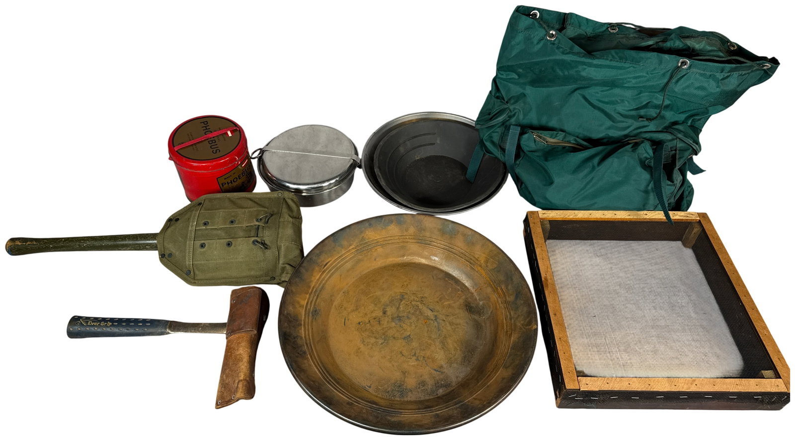 An Assortment of Vintage Gold Prospecting and Outdoor Camping Equipment Including Phoebus Stove and: This collection of vintage outdoor gear features a Phoebus No. 725 portable camping stove housed in its original red lithographed tin. The tin is marked MADE IN AUSTRIA and ORIGINAL PHOEBUS No. 725 wi