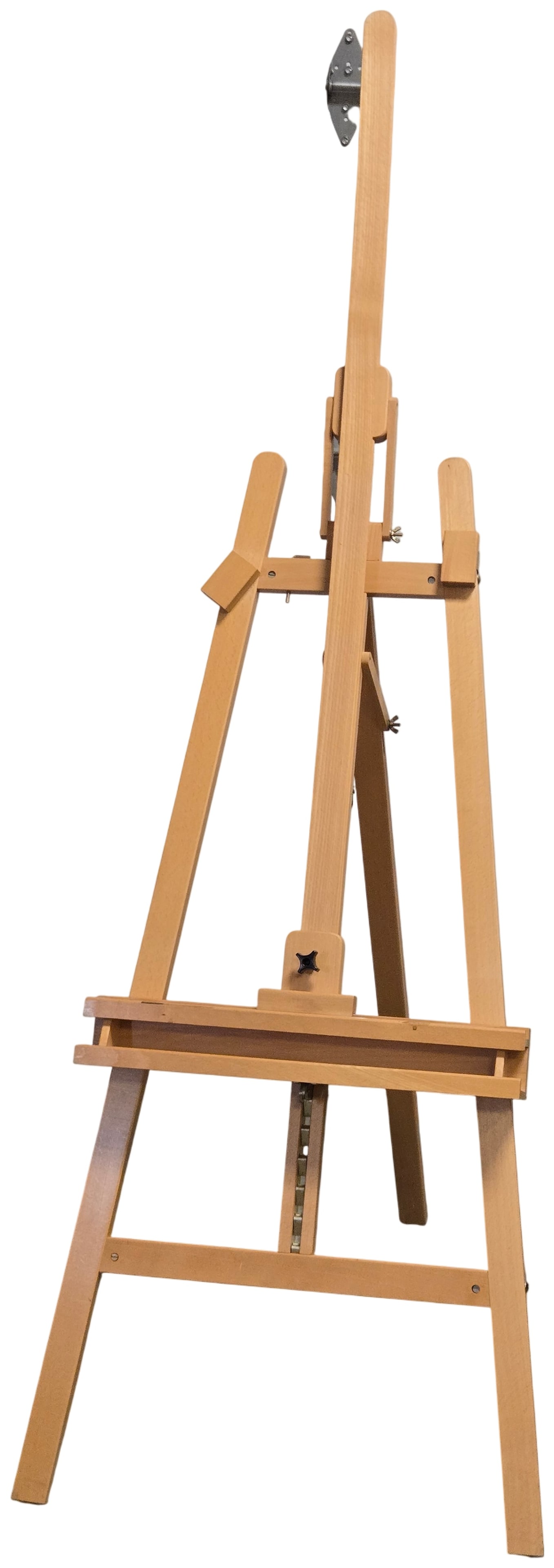 A Large Beechwood H-Frame Studio Artist Easel: A large-scale adjustable studio artist easel constructed from solid beechwood. The piece features a classic H-frame base with a hinged rear support leg, allowing for varied working angles. The central