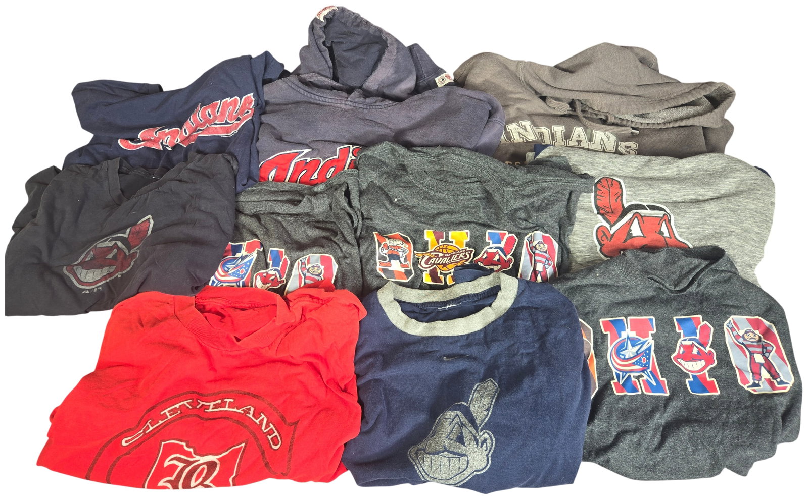 A Collection of 10 Cleveland and Ohio Sports Apparel Items Including Chief Wahoo Hoodies and: This lot consists of 10 pieces of sports apparel primarily representing Cleveland and Ohio professional and collegiate teams. The collection includes a variety of hooded sweatshirts and short-sleeve T