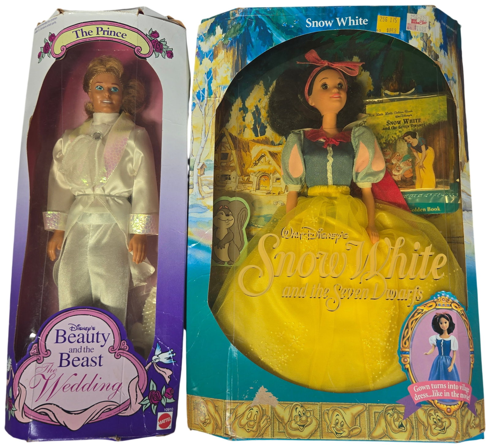 Two Mattel Disney Dolls Snow White and The Prince: Mattel Disney dolls from the early 1990s. The lot includes a Disney Classics Snow White doll (model 7783) and a Beauty and the Beast The Wedding The Prince doll (model 10910). Both figures are constru
