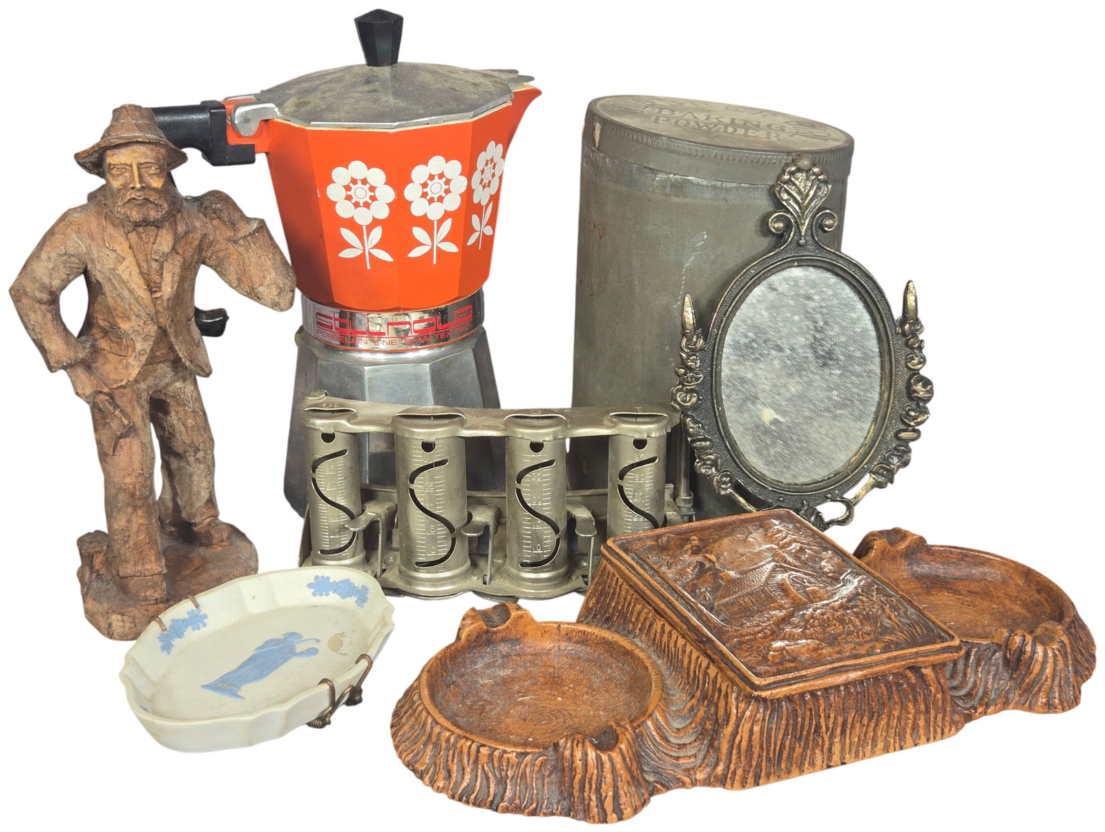 An Assortment of Vintage and Antique Collectibles Including Wedgwood Jasperware and Stella Espresso: A diverse group of items featuring an English Wedgwood cream-colored jasperware dish with a blue relief of a classical figure, impressed WEDGWOOD and MADE IN ENGLAND on the underside alongside a blue 