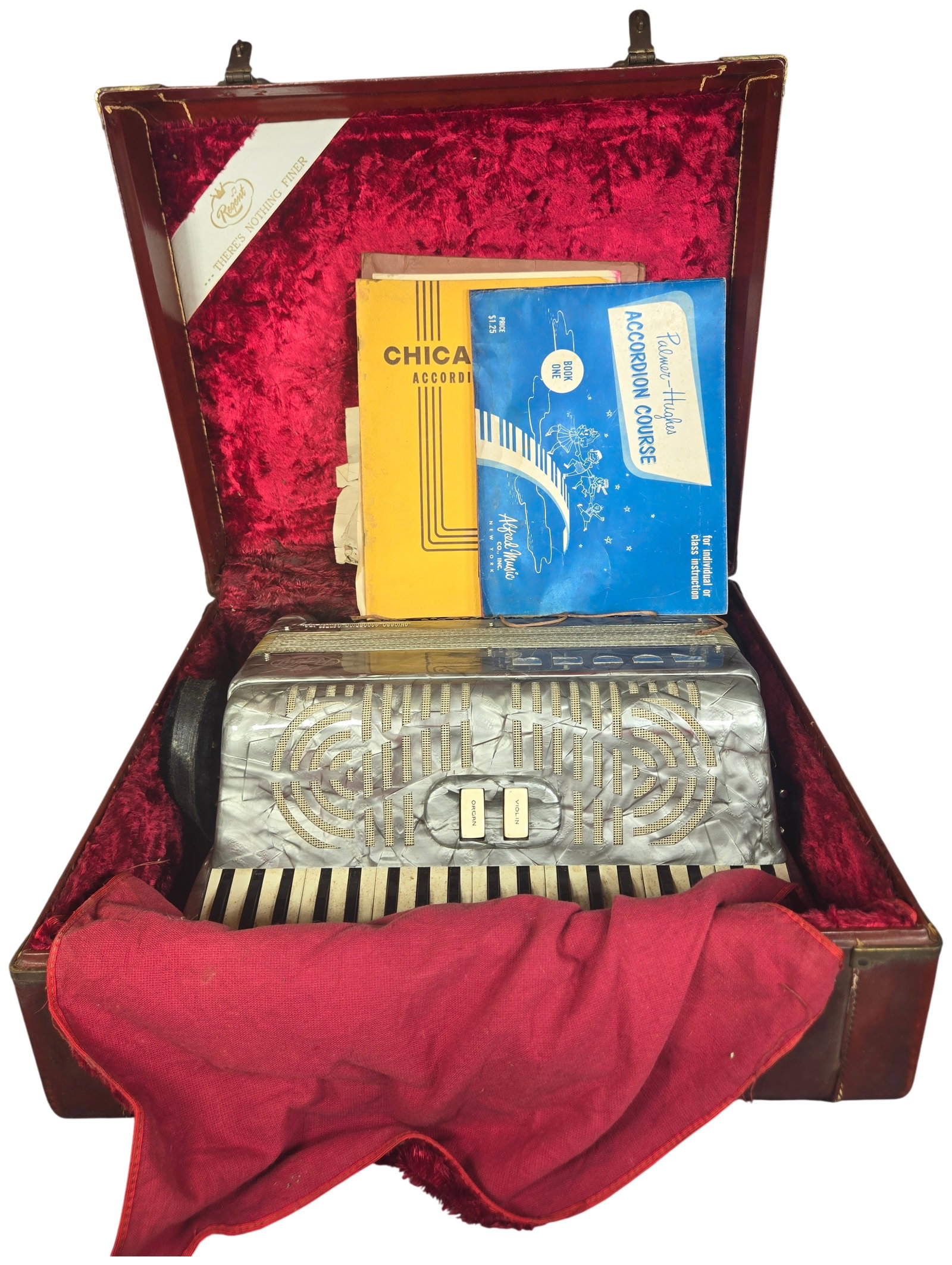 Vintage Regent 120 Button Piano Accordion with Case and Instructional Materials: A mid 20th century piano accordion featuring a grey pearloid celluloid casing and a 120 button bass system. The instrument is equipped with 41 piano style treble keys and two register switches labeled