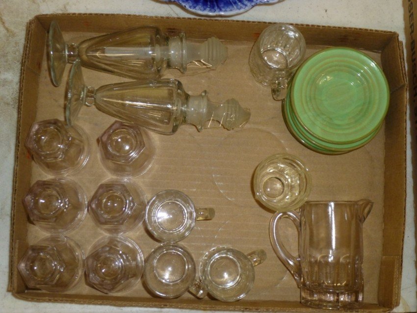 Vintage Glassware lot: Toothpicks, shot glasses, perfumes, possible Akro Agate etc. Shipping 20.