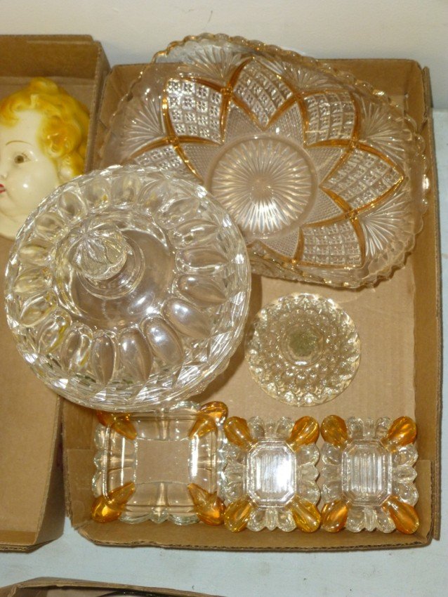 Vintage glass lot: Covered compote, ashtrays etc. Buyer is responsible for pickup or shipping. We have a local UPS store that will ship anything.