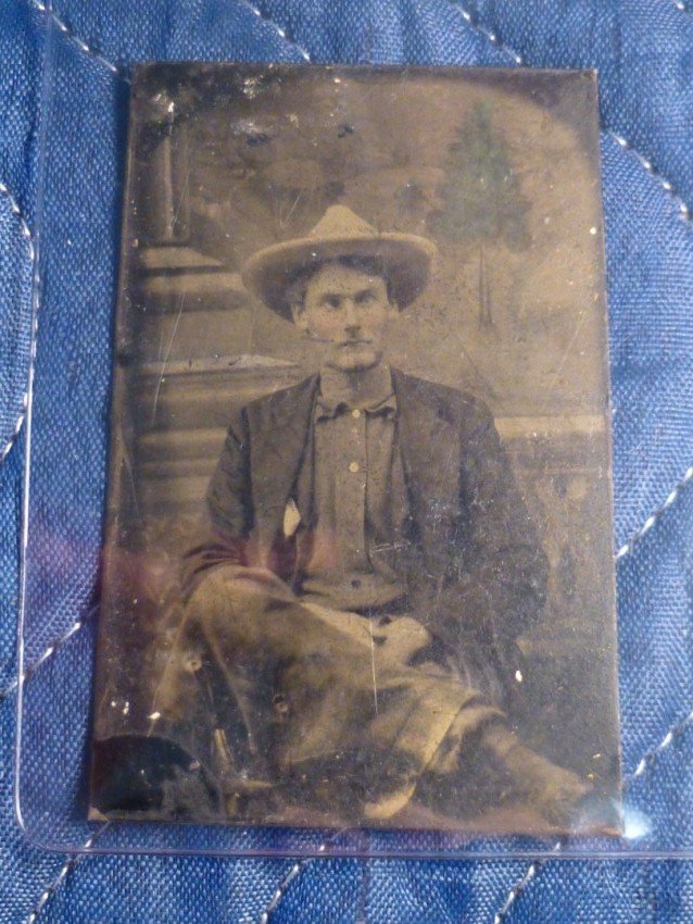 Tintype - Cowboy wearing hat, jacket, bat-wing chaps.: 1870s. CDV sized. Shipping 5.