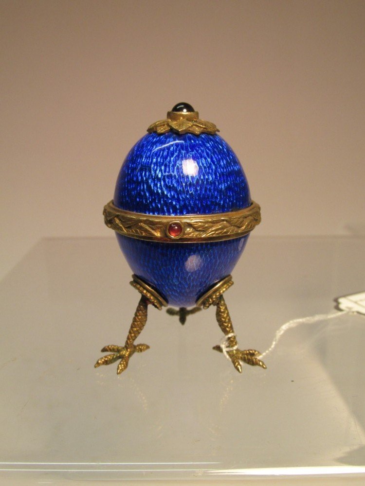 Antique Blue Enamel Egg w/Bird Feet: Velvet interior. No marks visible. 2" total height. Shipping 7.50.