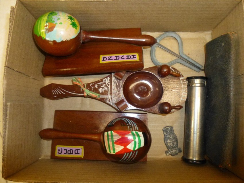 Box lot of vintage Cuba Souvenirs, telescope, jaw harp: PLUS clip on shades (early). Shipping 12.50