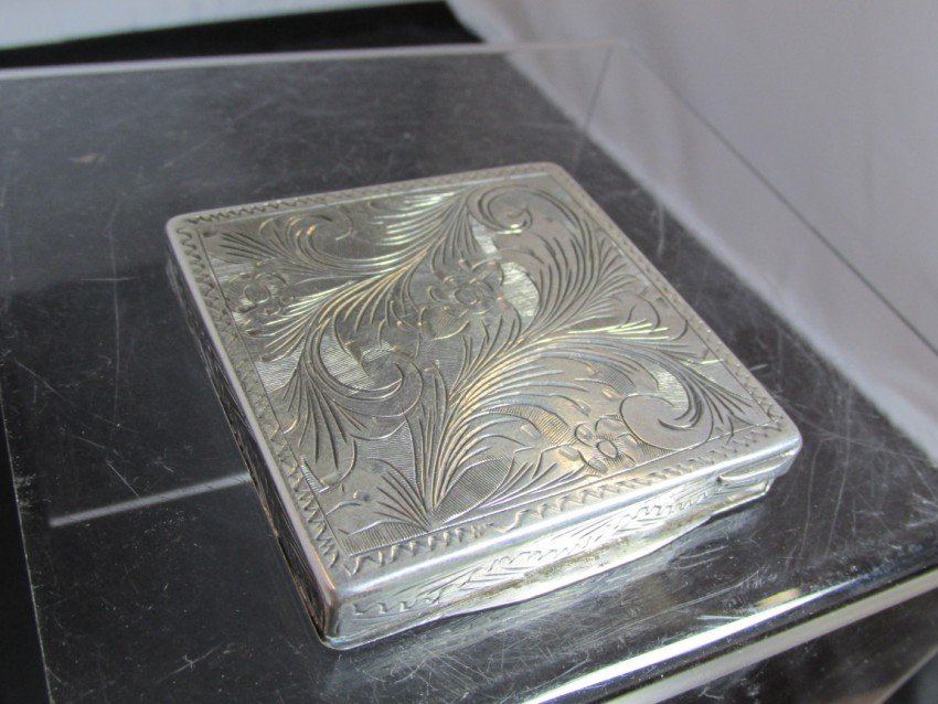 Victorian Sterling Silver Engraved Compact: With bevelled mirror. 2 5/16" across. 48 grams. Shipping 5.