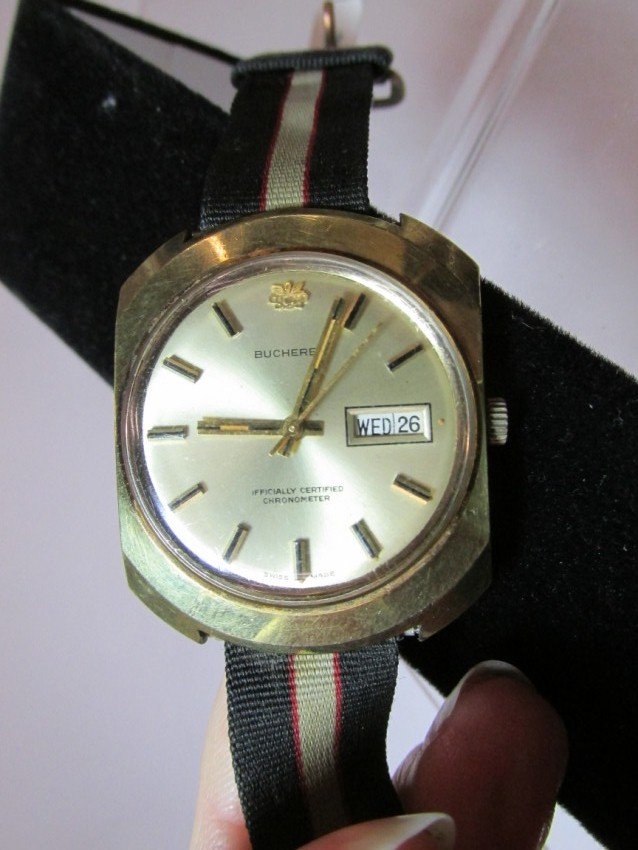 Rare Pinch Case Bucherer Chronometer Watch: Running. With Day/Date. Swiss Made. Shipping 5.