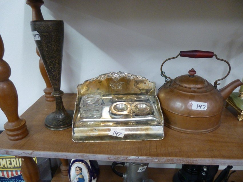 Group lot of estate items: Middle Eastern Vase, Inkwell set (incomplete), Copper kettle. Shipping 25.