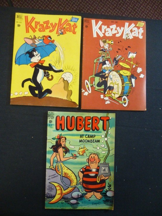 Early Comic Book Lot: 3 Dell Comics: Krazy Kat #2 (4.5), Krazy Kat #3 (4), Hubert #251 (3.5). Shipping 12.50. Shipping 7.50. All grades are approximate grades that we assigned to the best of our ability. We graded conservatively througho