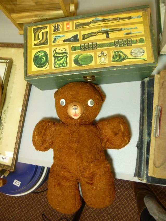 Old GI Joe Doll in box PLUS: Plus accessories and a old teddy bear. Shipping 20