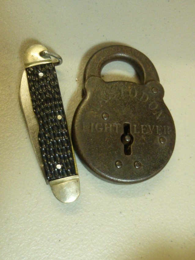 Antique 8 Lever Lock PLUS Knife: Knife has a compass in it. Shipping 7.50