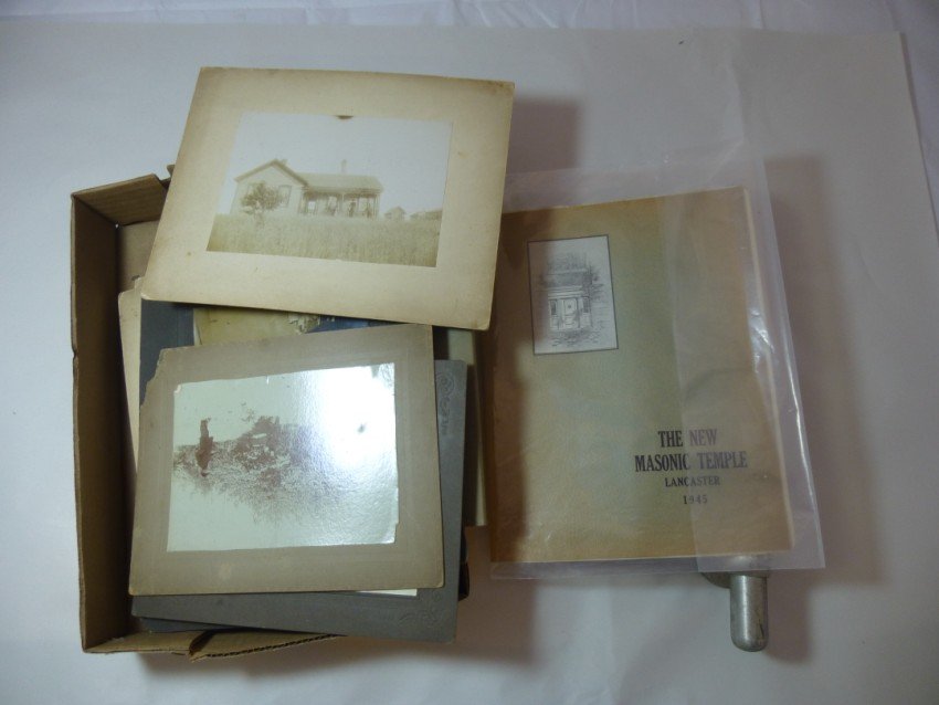 Box lot of photos, masonic etc: PLUS a door pull and advertising box. Shipping 17.50