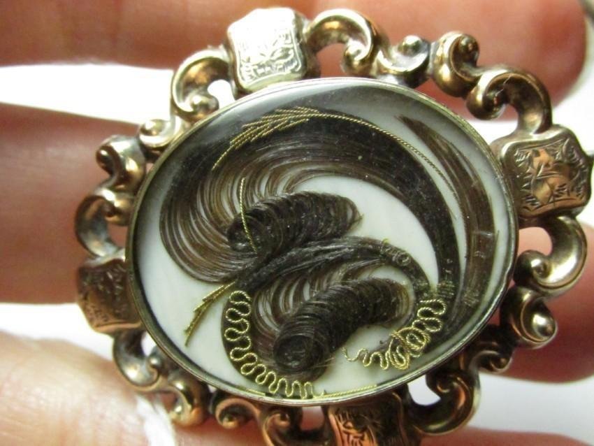 Very Fine ID'd Mourning Hair Brooch: Inscribed "Jessie Hale/May 1/1881." Very nice. Width: 1 7/8" wide. Shipping 7.50