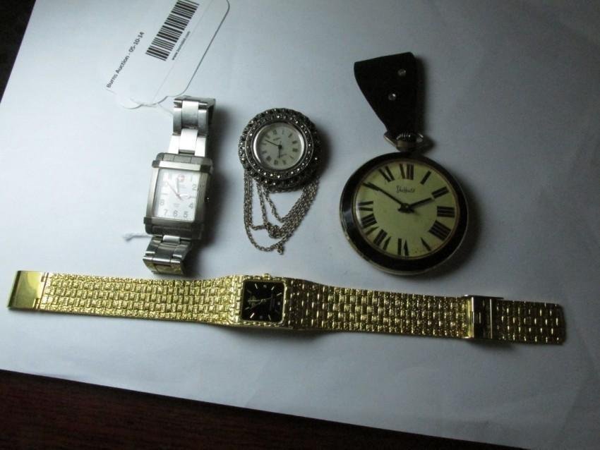 Vintage Woman's Watch group lot: Sheffield Pin Watch measuring 2" across (not running), Seiko Woman's watch (may need battery), Wenger (needs crown) and a Boma brooch watch. Shipping 10.