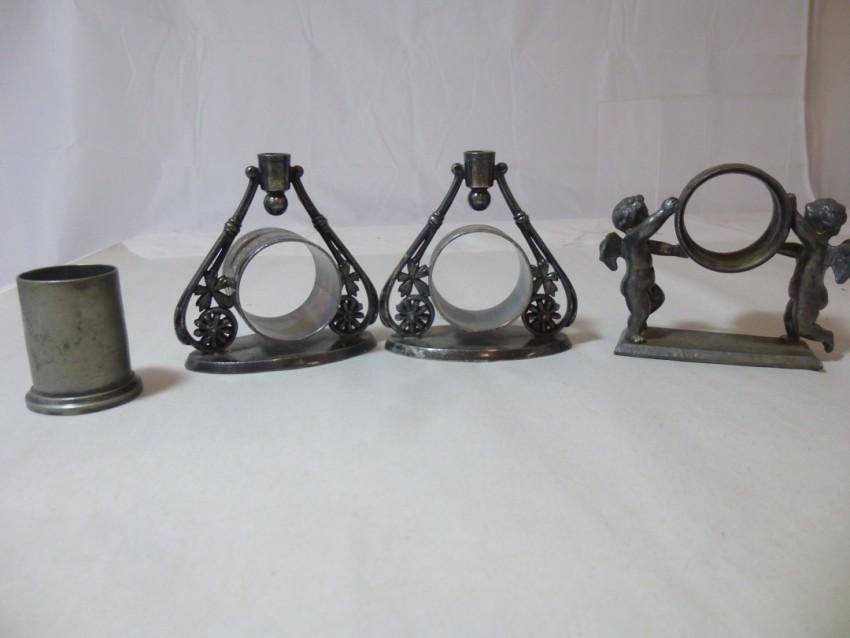 3 Nice Early Silver Plate Napkin Rings PLUS: Plus 1904 St. Louis World's Fair toothpick holder. Shipping 15