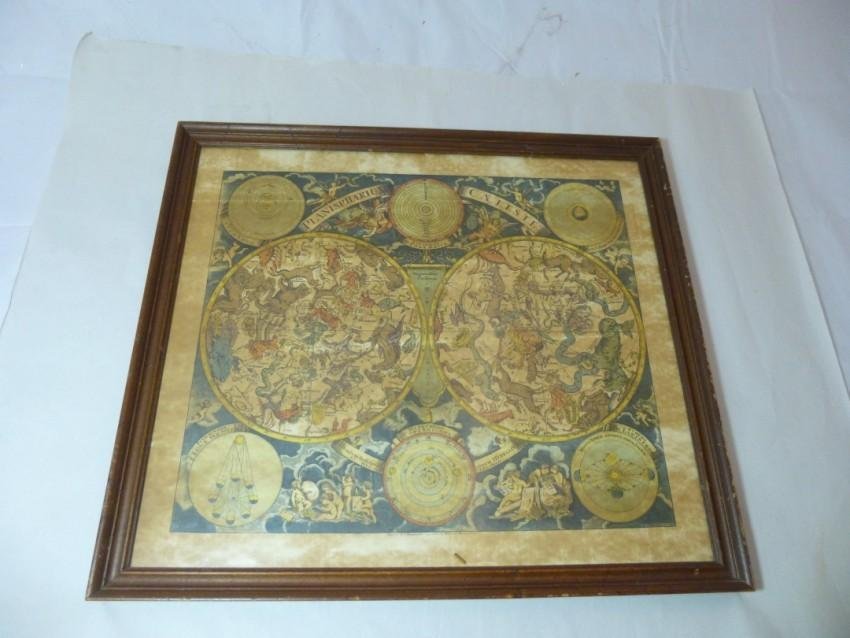 Framed Early World Map with hand tinting: Mid 19th c. copy of an earlier map. Framed size: 19.5" x 17.5" Buyers is responsible for pickup or shipping. We have a local UPS store that will ship nearly anything