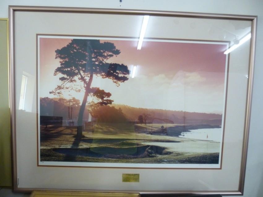 Framed Pebble Beach Golf Course Photo: Brian Morgan. Glass cracked in one corner. 39" x 30.5" Buyer is responsible for pickup or shipping. We have a local UPS store that will ship nearly anything.