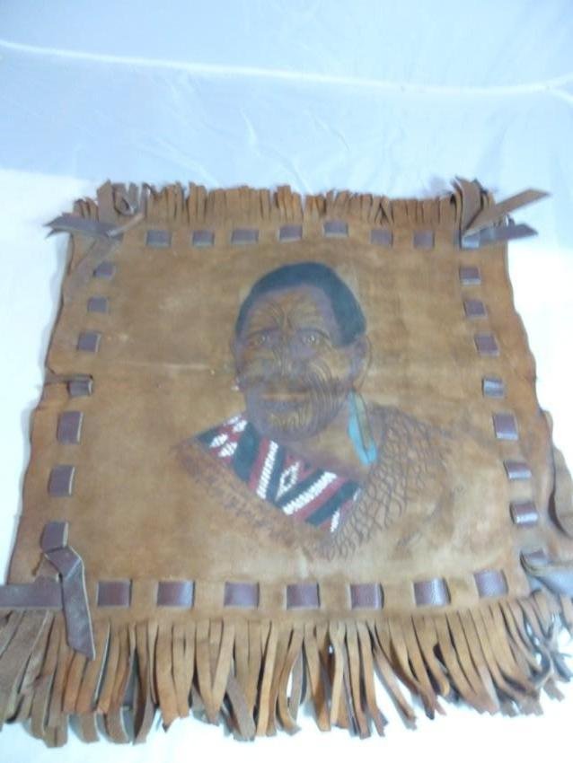 New Zealand Maori Chief Leather Art Piece: 18.5" wide. Shipping 17.50
