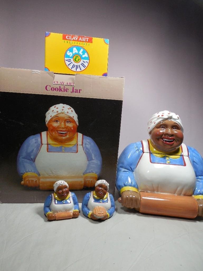 Vintage Clay Art Cookie Jar PLUS Salt Peppers: See terms and conditions for shipping info.