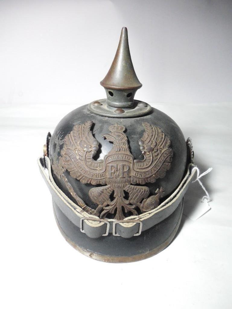 Rare Prussian German Spiked Helmet w/Front Plate: Front plate needs to be wired back on. Otherwise pretty nice. Shipping 20