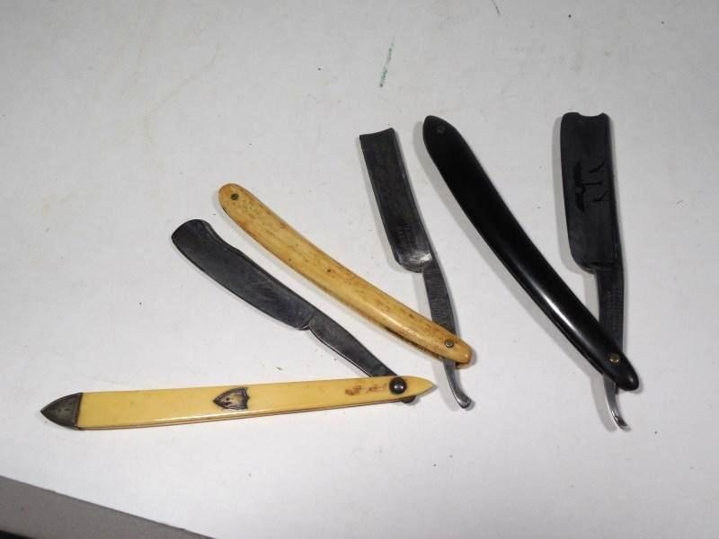 3 Rare High Quality Antique Straight Razors: The Best Wade & Butcher I've seen, very clean and with a ship etching on blade, a Lion Brand with bone handle and eagle on blade and a rare early silver-mounted straight razor. 