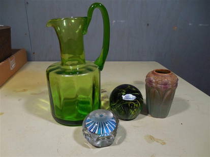 Group Lot Blenko Glass Etc Paperweights Vase: Blenko paperweight, green pitcher likely Blenko, early millefiori paperweight, early vase with small chip. 