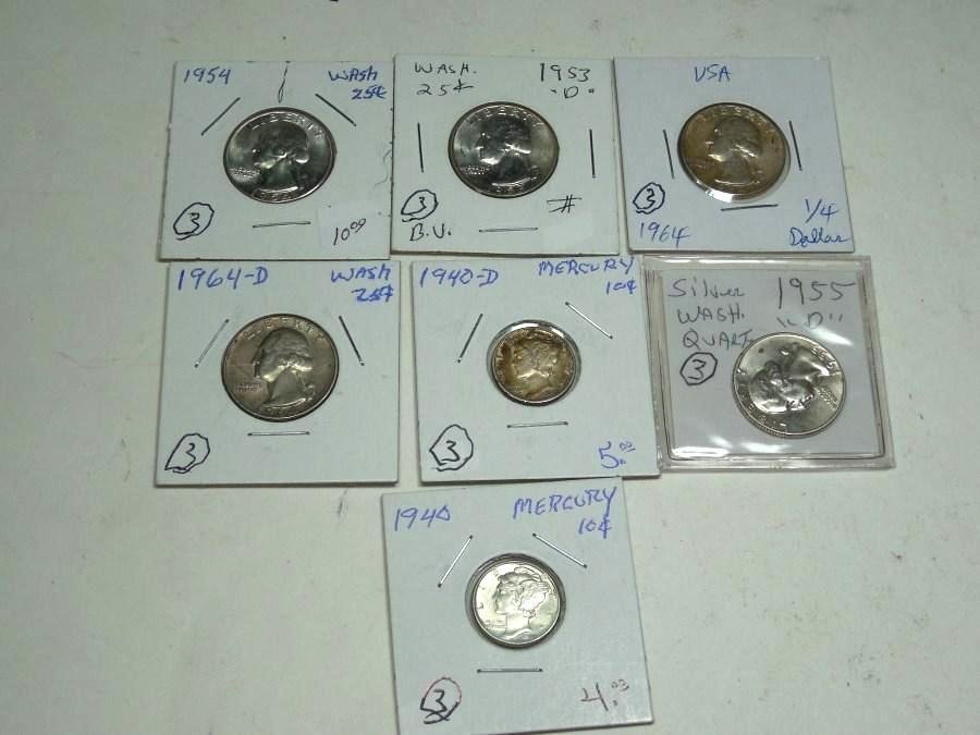 Group Lot of 7 Old Silver Coins Quarters Dimes: Group Lot of 7 Old Silver Coins Quarters Dimes