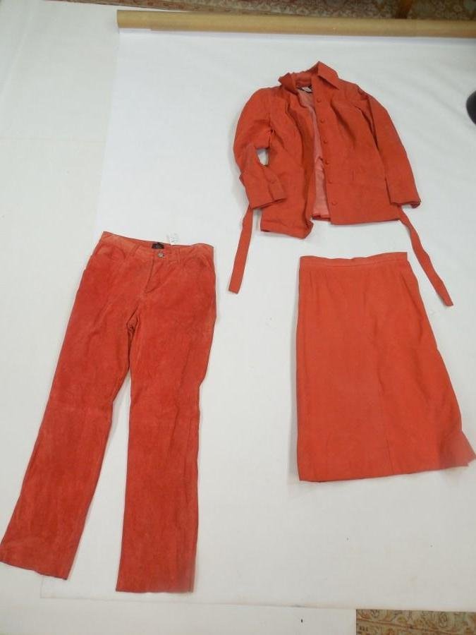 70s Suede Leather Orange Skirt Jacket Pants Set: 70s Suede Leather Orange Skirt Jacket Pants Set