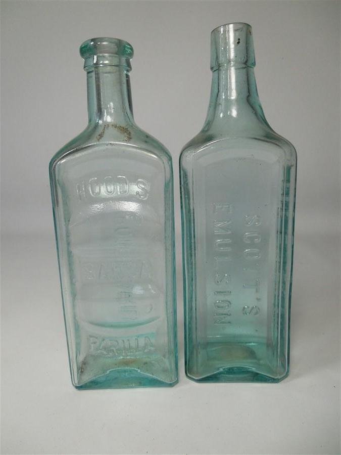 2 Antique Glass Bottles Hoods & Scott's Early: 2 Antique Glass Bottles Hoods & Scott's Early
