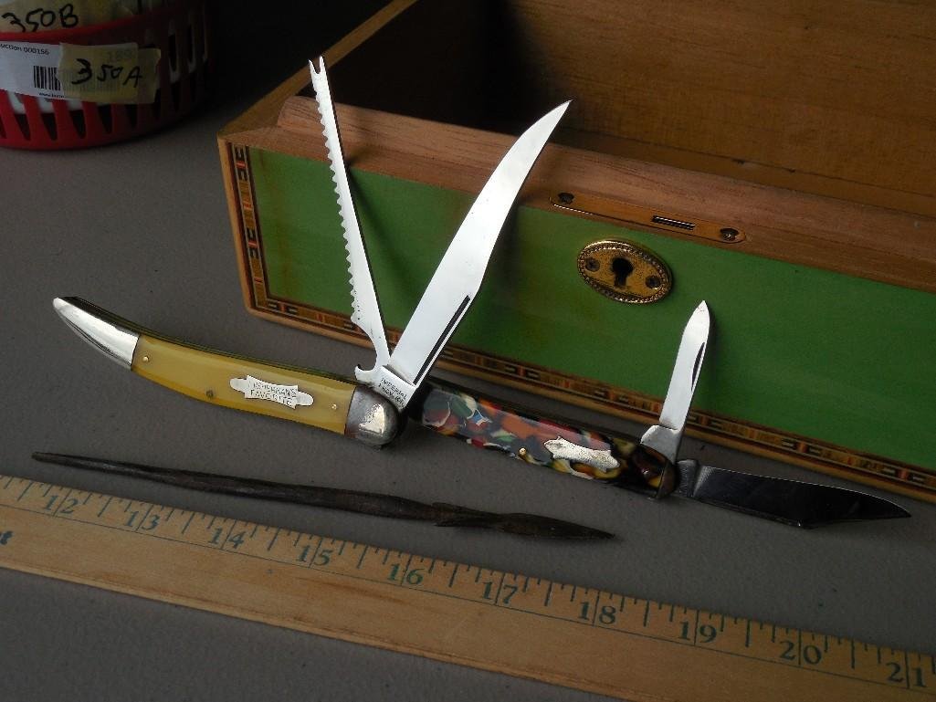 2 Like New Pocket Knives Plus Spear: Imperial Fish Knife and Kent Knife, both extremely clean. Plus a tribal spear point.