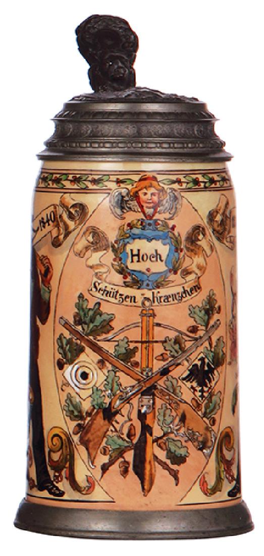 Pottery stein, Schtzen Kraenzchen: Pottery stein, .5L, transfer & handpainted, marked Otto Aigner, Mnchen, Schtzen Kraenzchen, 1840 - 1890, pewter lid & base ring, hairlines repaired - good