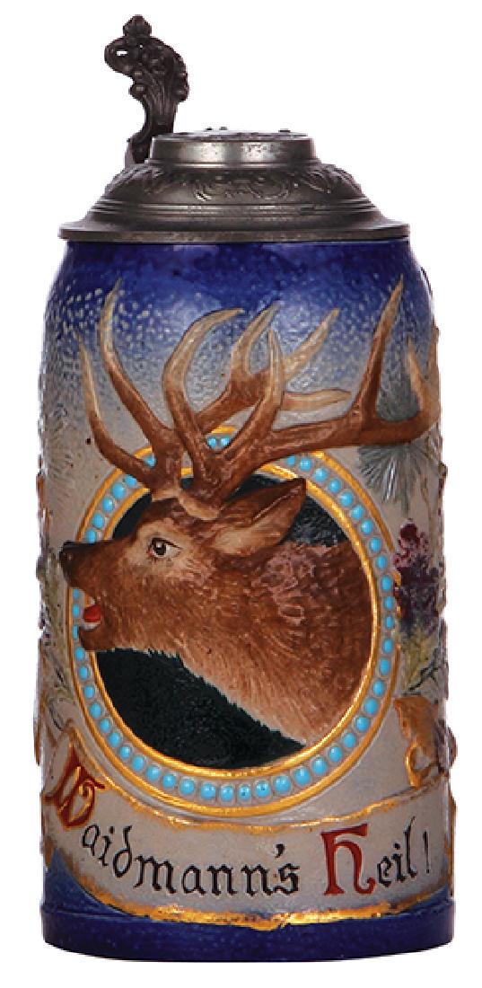 Stoneware stein, Waidmann's Heil!: Stoneware stein, 1.0L, relief, by Sarreguemines, 2783, Waidmann's Heil!, pewter lid, pewter strap repaired, ear chip repaired - good