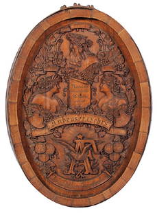 Anheuser & Fehrs Wood Barrel: Anheuser & Fehrs Wood Barrel, 26.5'' x 36.0'', hand-carved oak barrel, Melsheimer Wine & Cafe Co., St. Louis gewidmet von Anheuser & Fehrs, Weingutsbesitzere Weingronhandlung, carved World Fair medals