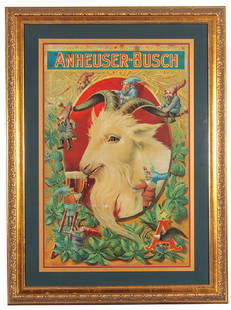 Anheuser-Busch Lithograph: Anheuser-Busch lithograph on paper, framed 43.0'' x 31.7'', made by The Werner Company, Akron, O., Bock Beer, minor crease marks and scuffing, a little staining within the name, professionally framed