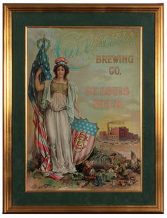 Columbia Brewing Co., Lithograph: Columbia Brewing Co., St. Louis Beer lithograph on paper, framed 35.6'' x 27.5'', made by Kaufmann & Strauss Co., N.Y., patriotic design, overall condition and appearance is excellent