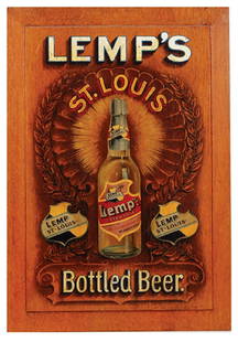 Lemp's Bottled Beer lithograph on wood: Lemp's St. Louis Bottled Beer lithograph on wood, 20.1'' x 13.8'', marked Property of the Wm. J. Lemp Brewing Co. of St. Louis, Mo., manufactured in the style from The Meyercord Co. Inc. Chicago,