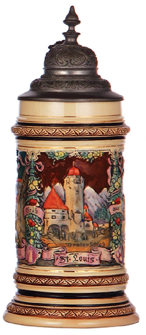Pottery stein, 1904 Worlds Fair: Pottery stein, .5L, relief, 268, Tyroler Schloss, St. Louis, 1904 Worlds Fair, pewter lid, hairline on base repaired - good